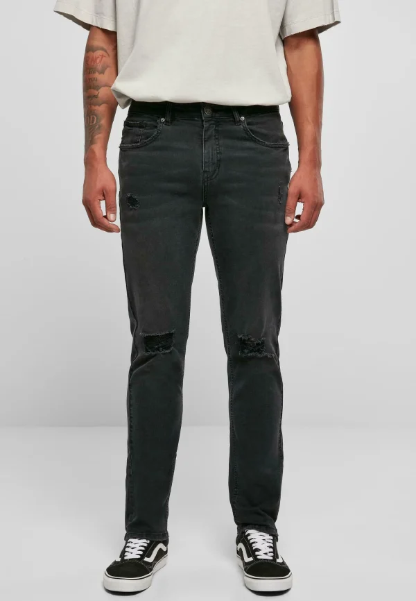 luxe soldes URBAN CLASSICS Jean Droit – Black Destroyed Washed 1